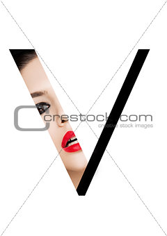 V letter beauty makeup girl creative fashion font