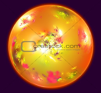Abstract sphere resembling Mars planet with an atmosphere in dark space. Fractal art graphics