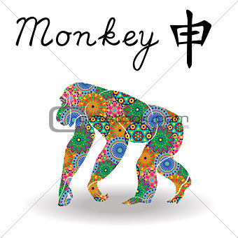 Chinese Zodiac Sign Monkey with color geometric flowers