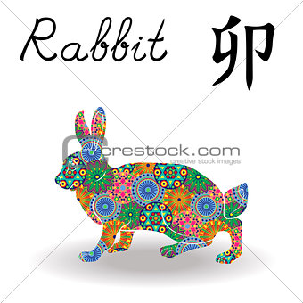 Chinese Zodiac Sign Rabbit with color geometric flowers