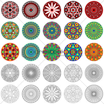 Set of stylized geometric round flowers