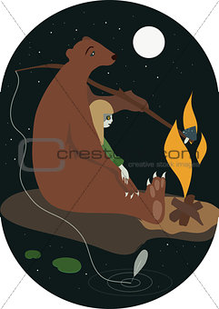 The bear and the girl with campfire flat vector illustration