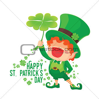Happy St. Patrick's Day Leprechaun Holding Shamrock