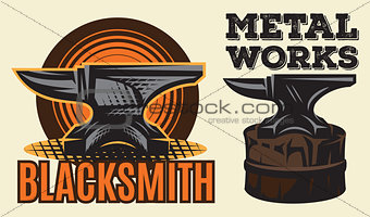 Set of vintage colored blacksmith label with anvil. Vector illustration.