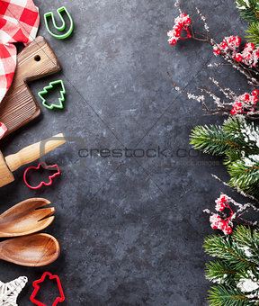 Christmas cooking utensils and snow tree