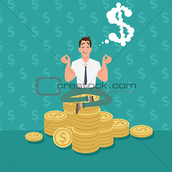 Businessman sitting on the gold coins