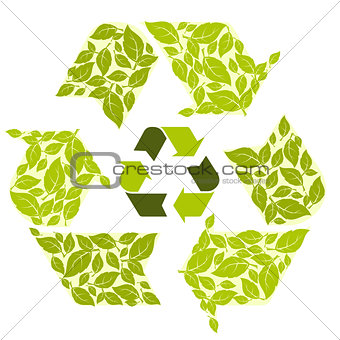 Conceptual recycling symbol with green leaves