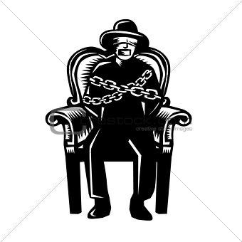 Man Gagged Chained to Grand Arm Chair Woodcut
