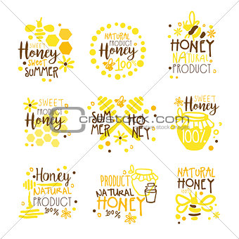 Natural Honey Products 100 Percent Organic Set Of Colorful Promo Sign Design Templates With Bees And Honeycombs