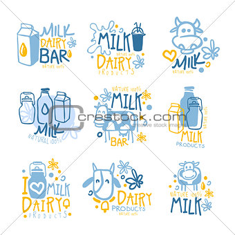 Natural Milk And Fresh Dairy Products Set Of Colorful Promo Sign Design Templates With Cows And Milk Packs