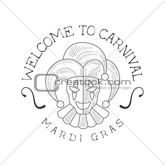 Hand Drawn Monochrome Mardi Gras Event Vintage Promotion Sign With Jester Mask In Pencil Sketch Style With Calligraphic Text