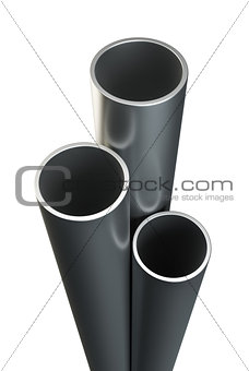 Three metal pipes on white background