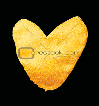 Vector shining gold heart. Watercolor texture brush strokes isolated on black. Abstract hand painted golden background.