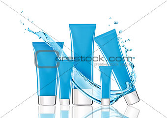 Blue skin care cream containers with water splash
