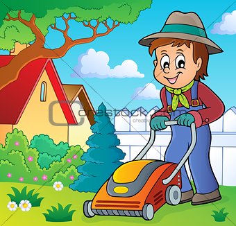 Gardener with lawn mower theme image 2