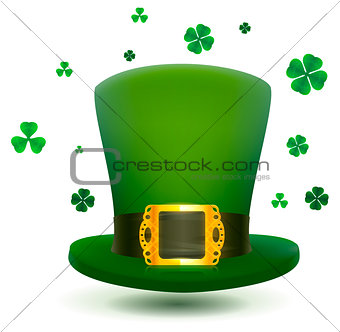 Green top cylinder hat with gold buckle. Luck leaf clover symbol Patricks Day