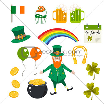 St. Patrick holiday vector illustration set.