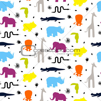Colorful zoo animal silhouettes baby seamless vector pattern.