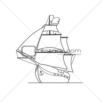 Contour image of ship isolated on white background. Horizontal composition.