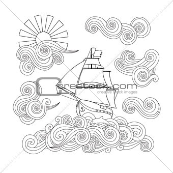 Contour image of ship on the wave, cloud, sun in zentangle inspired doodle style.