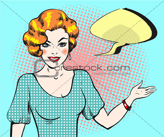 Pop art woman with speech bubble, pin up retro style woman