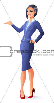 Vector beautiful smiling business woman in blue suit presenting.