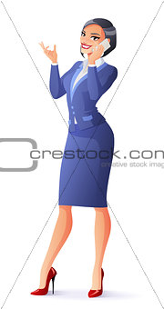 Vector beautiful smiling business woman in suit talking on phone.