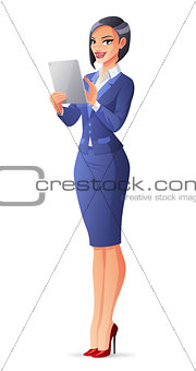 Vector beautiful smiling business woman in suit using tablet computer.
