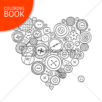 Buttons collection, heart shape. Page for your coloring book