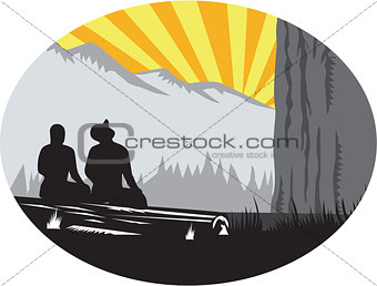 Trampers Sitting Looking Up Mountain Oval Woodcut