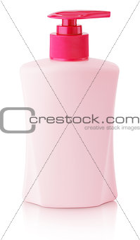 Front view of gel, foam or liquid soap dispenser pump pink plastic bottle isolated on white