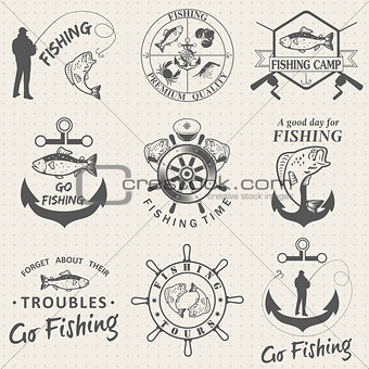 Set of vintage fishing labels, badges