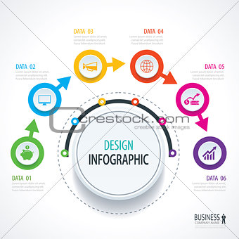 Business timeline infographics with 6 circles steps number optio