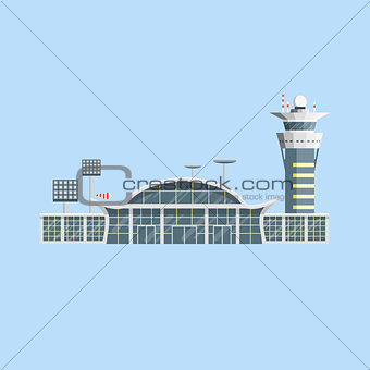 Airport building with control tower. Flat design.