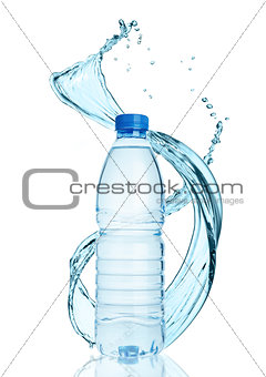 Bottle of still healthy water with splashes