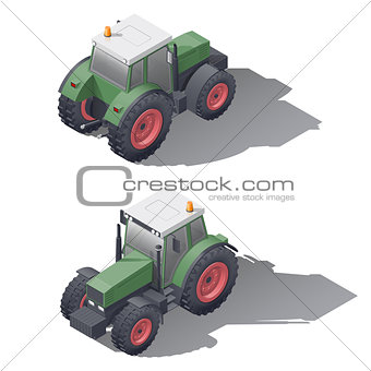 Agricultural tractors isometric icon set