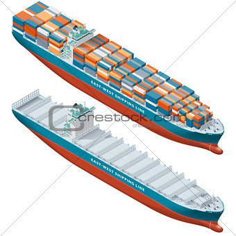 Container ship laden and empty, isometric icon set