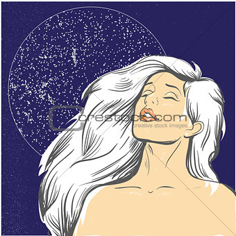 Blond woman at night with moon stock vector illustration