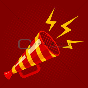 Striped megaphone on red background.