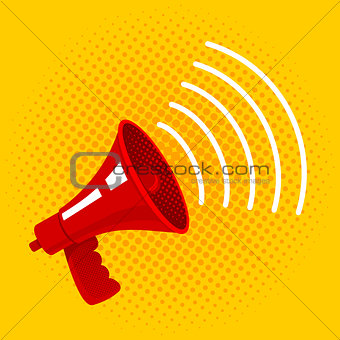 Red megaphone on yellow background.