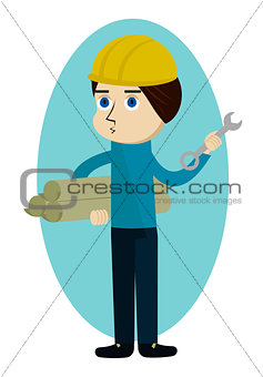 Construction worker, engineer or architect holding projects prints and wrench cartoon character