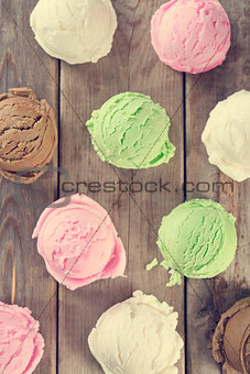 Top view assorted ice cream scoops.