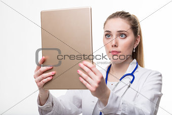 young doctor woman with a large digital tablet