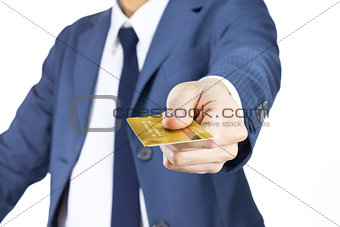 Businessman Hold Credit Card Isolated on White Background