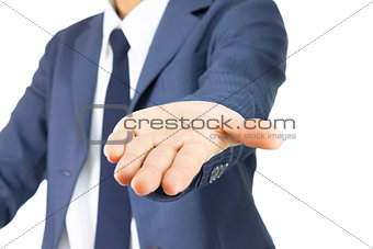 Businessman Open Palm Hand Gesture Isolated on White Background