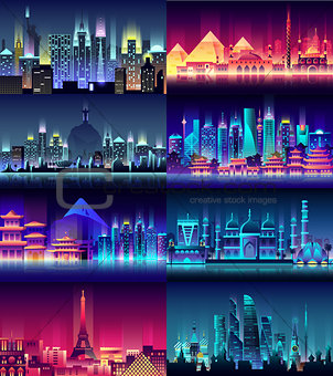 Brazil Russian France, Japan, India, Egypt China USA city night neon style architecture buildings town country travel