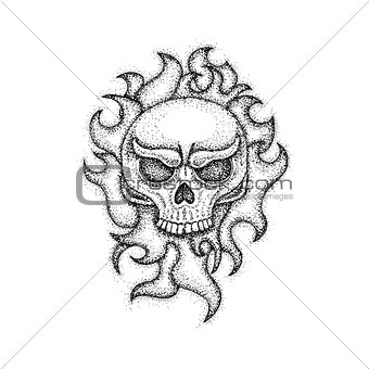 Human Skull with Fire Dotwork