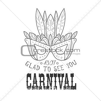 Hand Drawn Monochrome Mardi Gras Carnival Vintage Promotion Sign With Mask In Pencil Sketch Style With Calligraphic Text