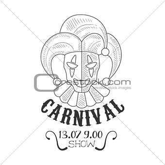 Hand Drawn Monochrome Mardi Gras Carnival Vintage Promotion Sign With Jester Portrait In Pencil Sketch Style With Calligraphic Text