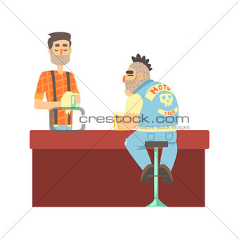 Lonly Biker Gang Member In Jeans Outfit At The Counter With Calm Barman, Beer Bar And Criminal Looking Muscly Men Having Good Time Illustration